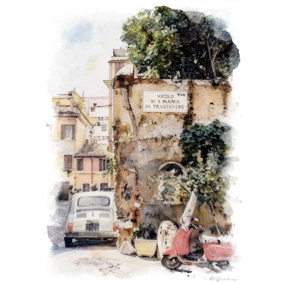 絵画 街の風景画 イタリア ローマの自転車 インテリアアート額付き