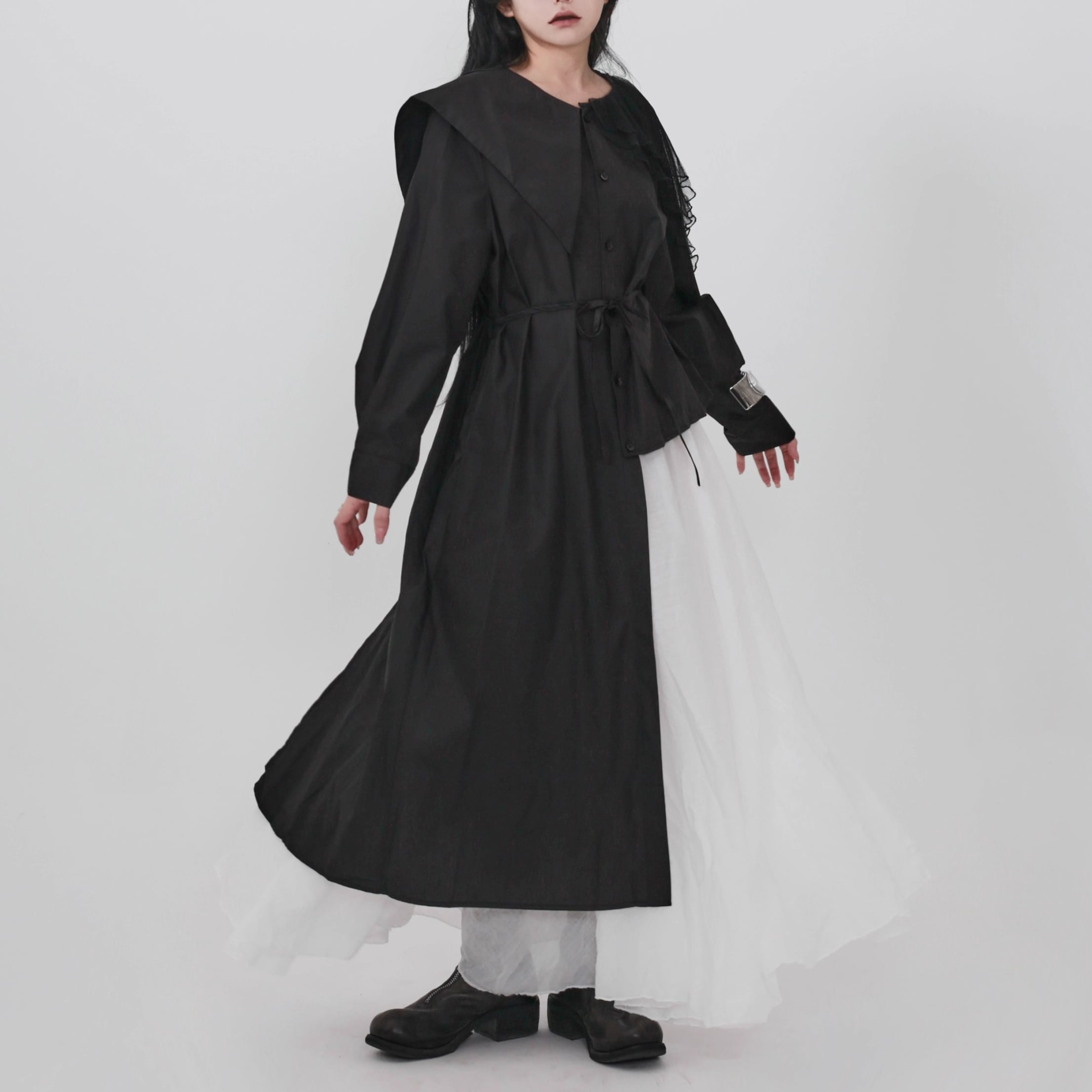 長袖 オープンカラー アシンメトリーマキシ丈 シャツワンピース 1color BL0537