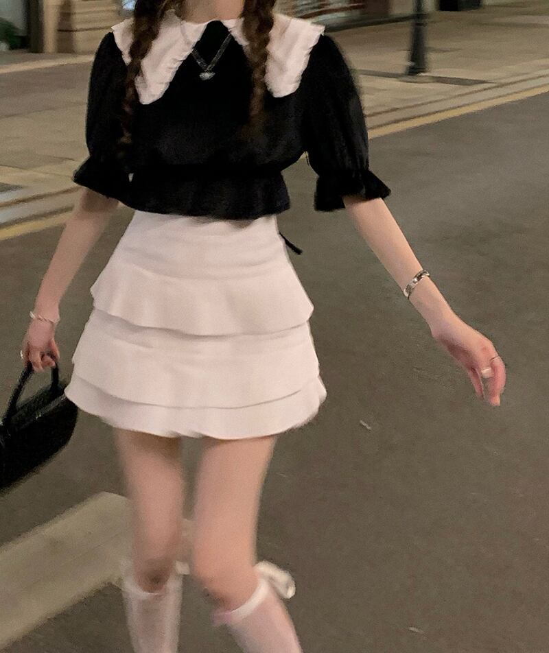 スカート ハイウェストウェスト薄手ホワイトAラインショートサマー 夏物 ブラックストロベリース60525641657