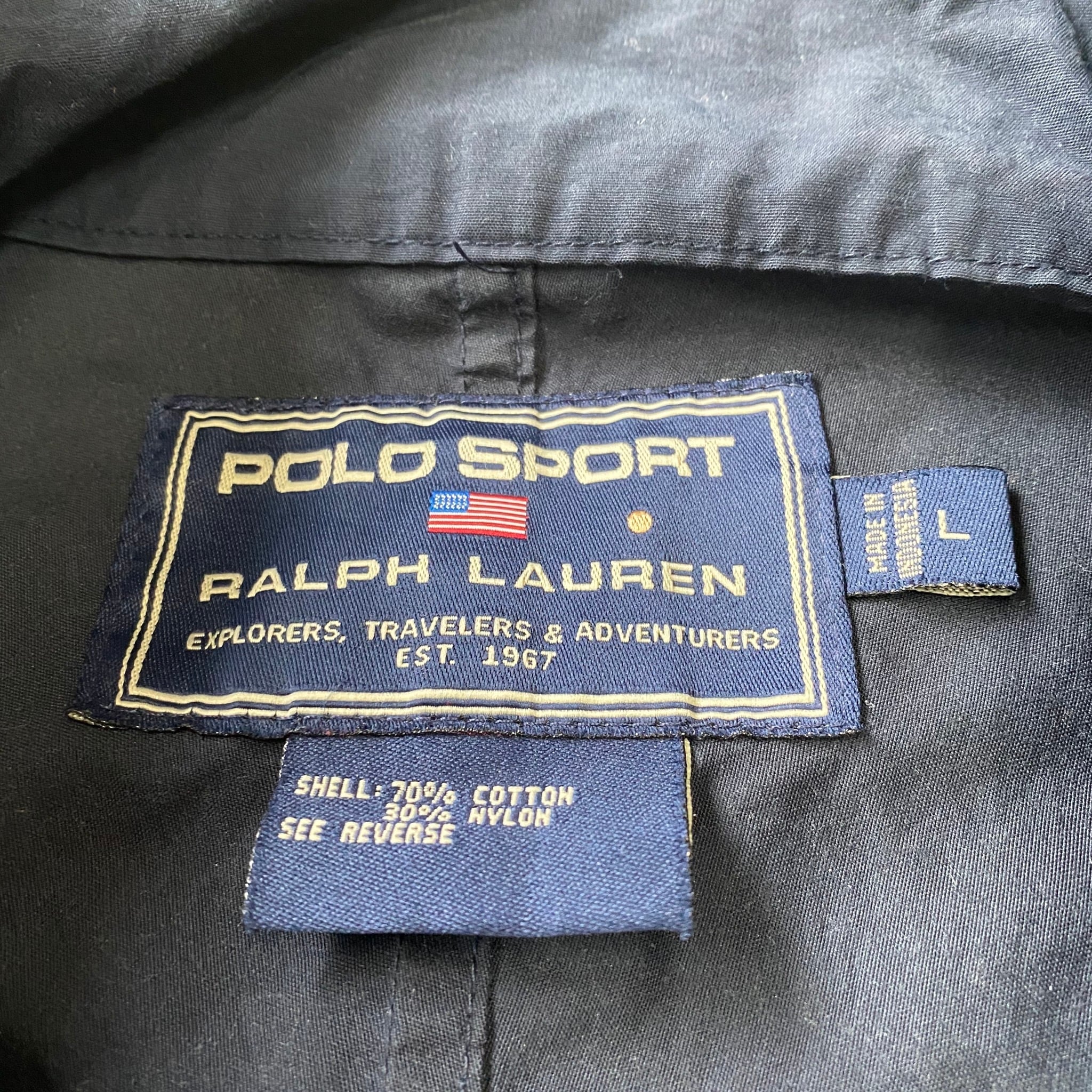 90年代 90s Ralph Lauren ラルフローレン POLO SPORT ポロスポーツ ワンポイントロゴ 刺繍 コットン×ナイロンジャケット  ヴィンテージ ビンテージ ハイネック メンズL ネイビー 紺色 古着【ブルゾン・ジャケット】 | cave 古着屋【公式】古着通販サイト