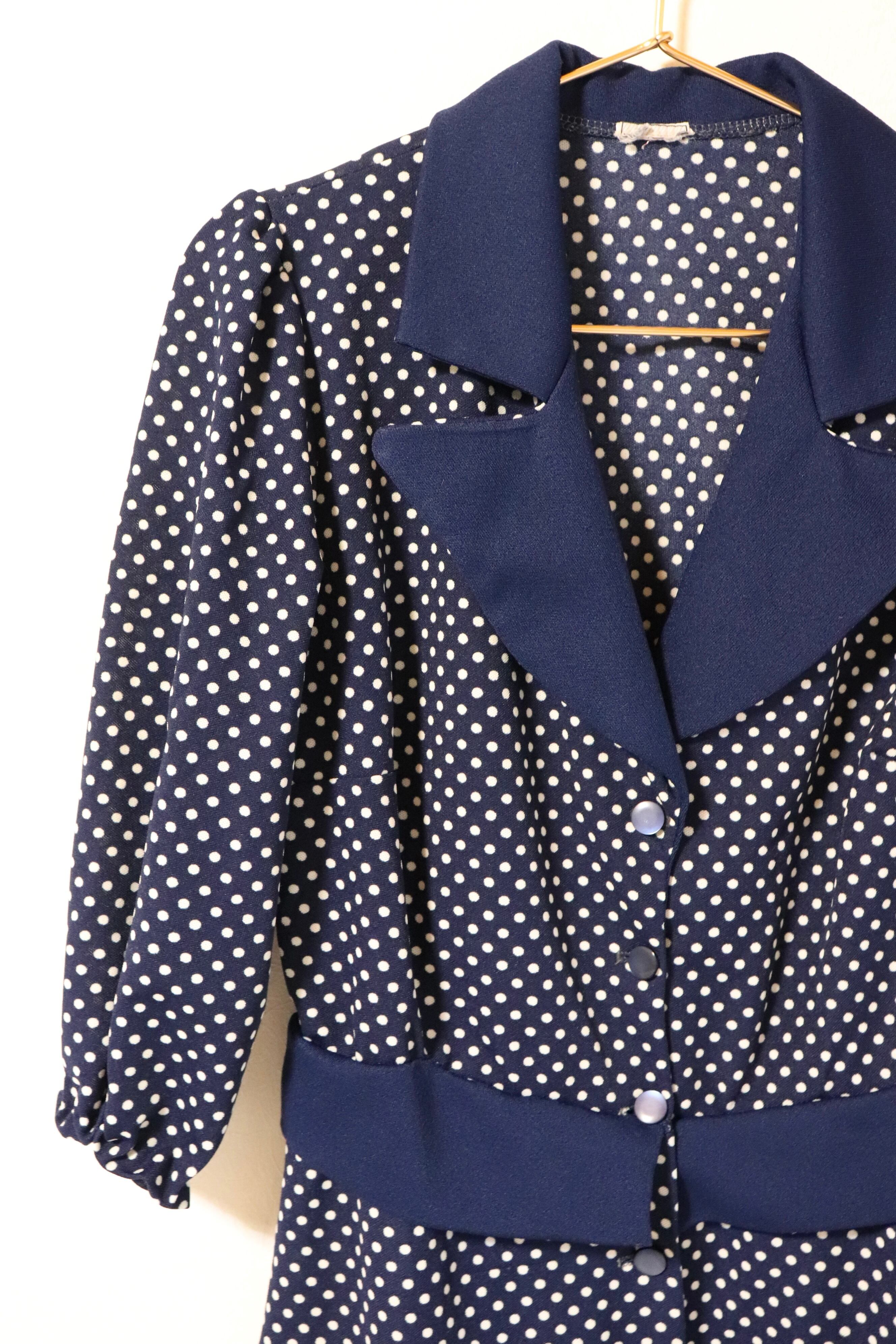 70s ヴィンテージ ワンピース ドット柄 ネイビー フランス製