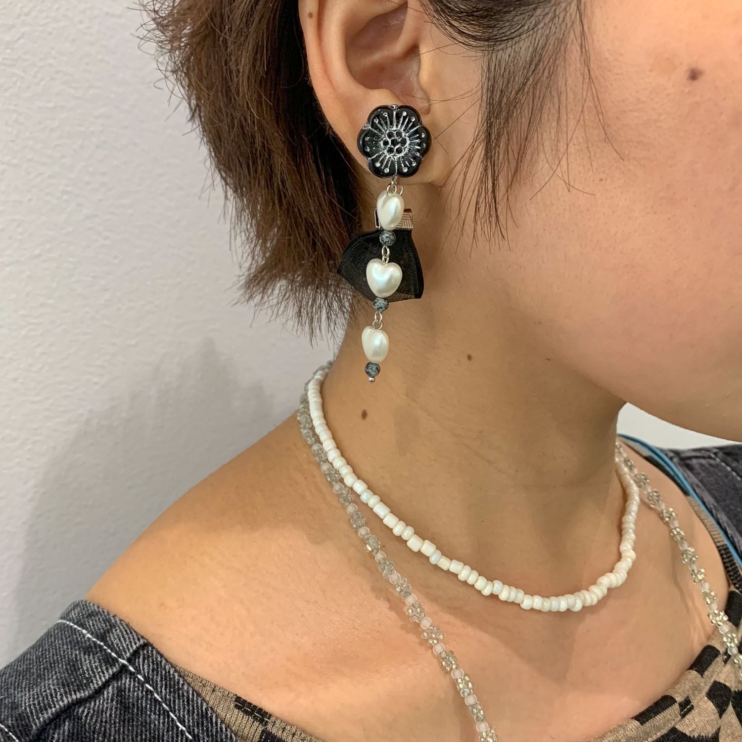 3連ハートとドットオーガンジーの〈ピアス/イヤリング〉