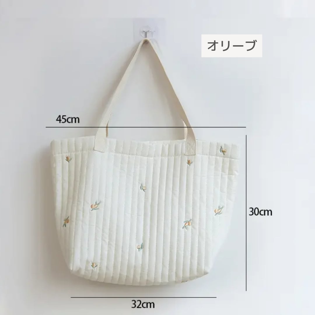 即納】総柄 刺繍キルティング トートバッグ オリーブ | Mimi