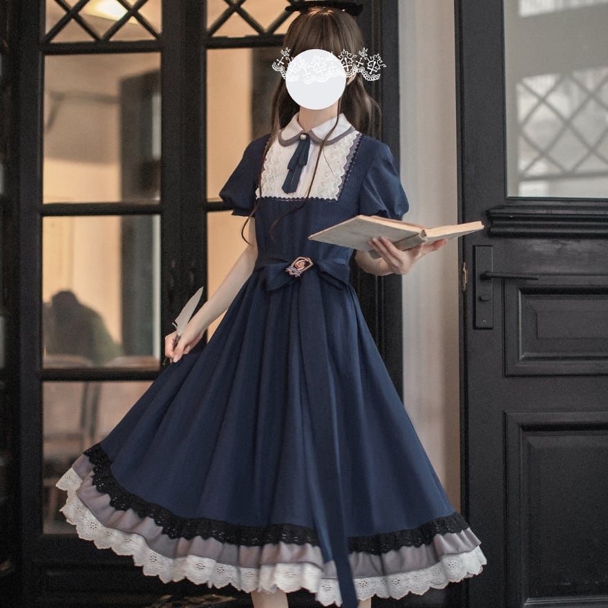 クラシカルロリィタ オールインワン ワンピース 徽章 ネックブローチ 3点セット お嬢様風 フリル 制服 控えめ 普段着使い 可愛いファッション