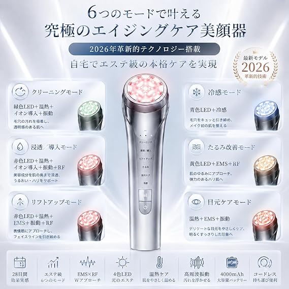 美顔器 EMS RF 温冷ケア 自宅エステ 4色LED 6モード 3段階 4000mAh USB