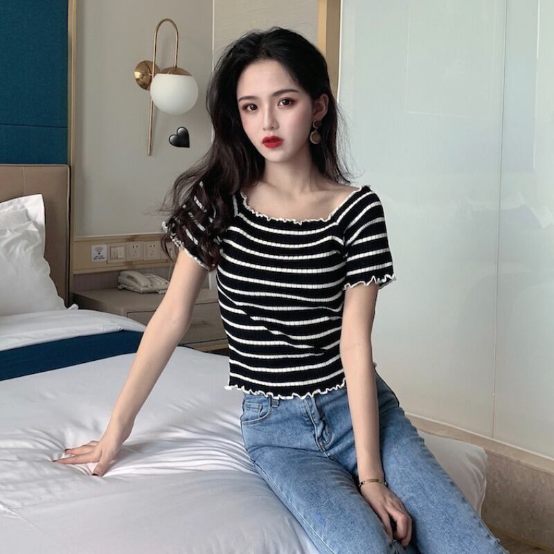 2020年夏のシックな学生のストライプニットワンウェイネックストラップレストップ半袖Tシャツボトミングシャツの新しい女性バージョン YY-ファッション51840403813