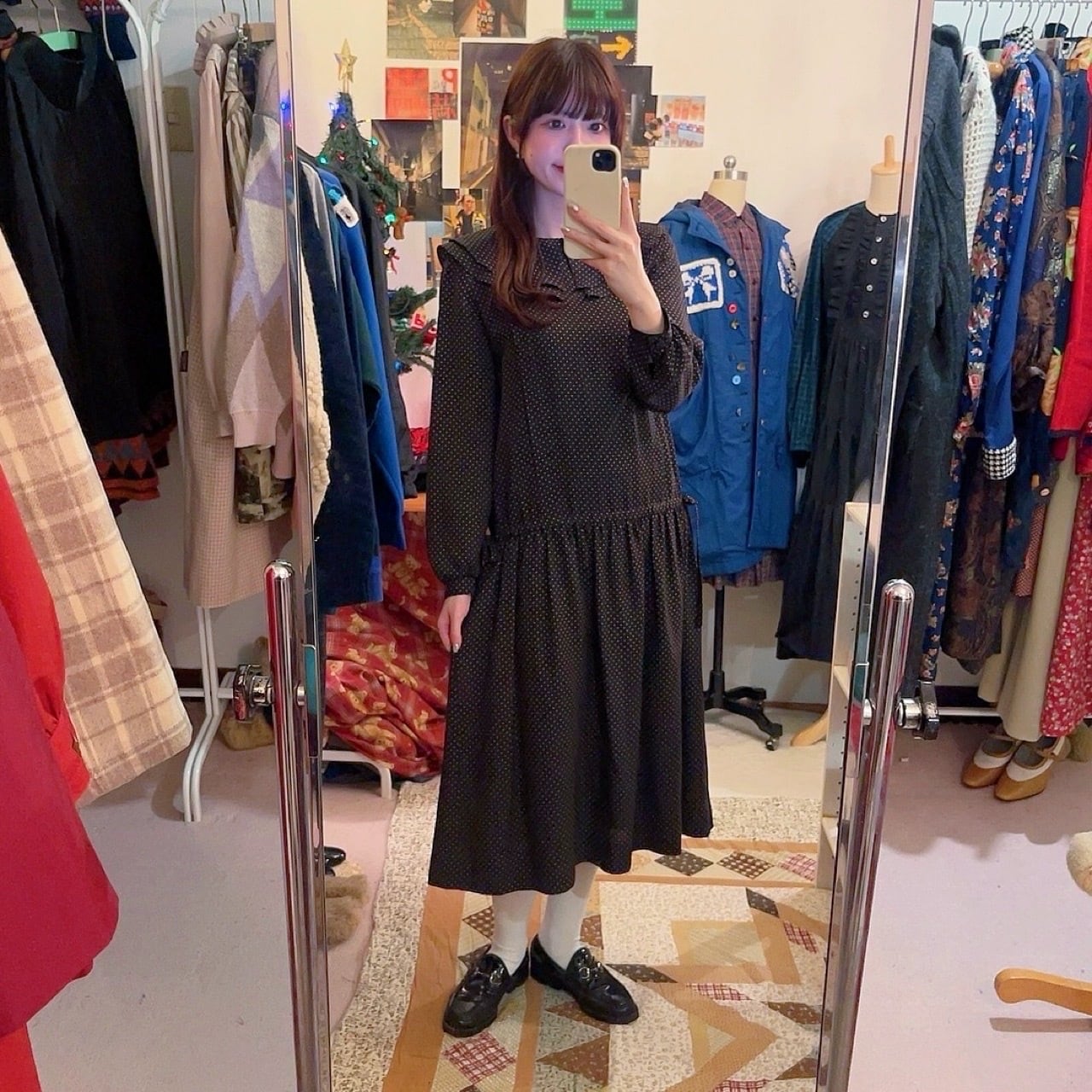 orange pin dot frill collar one-piece