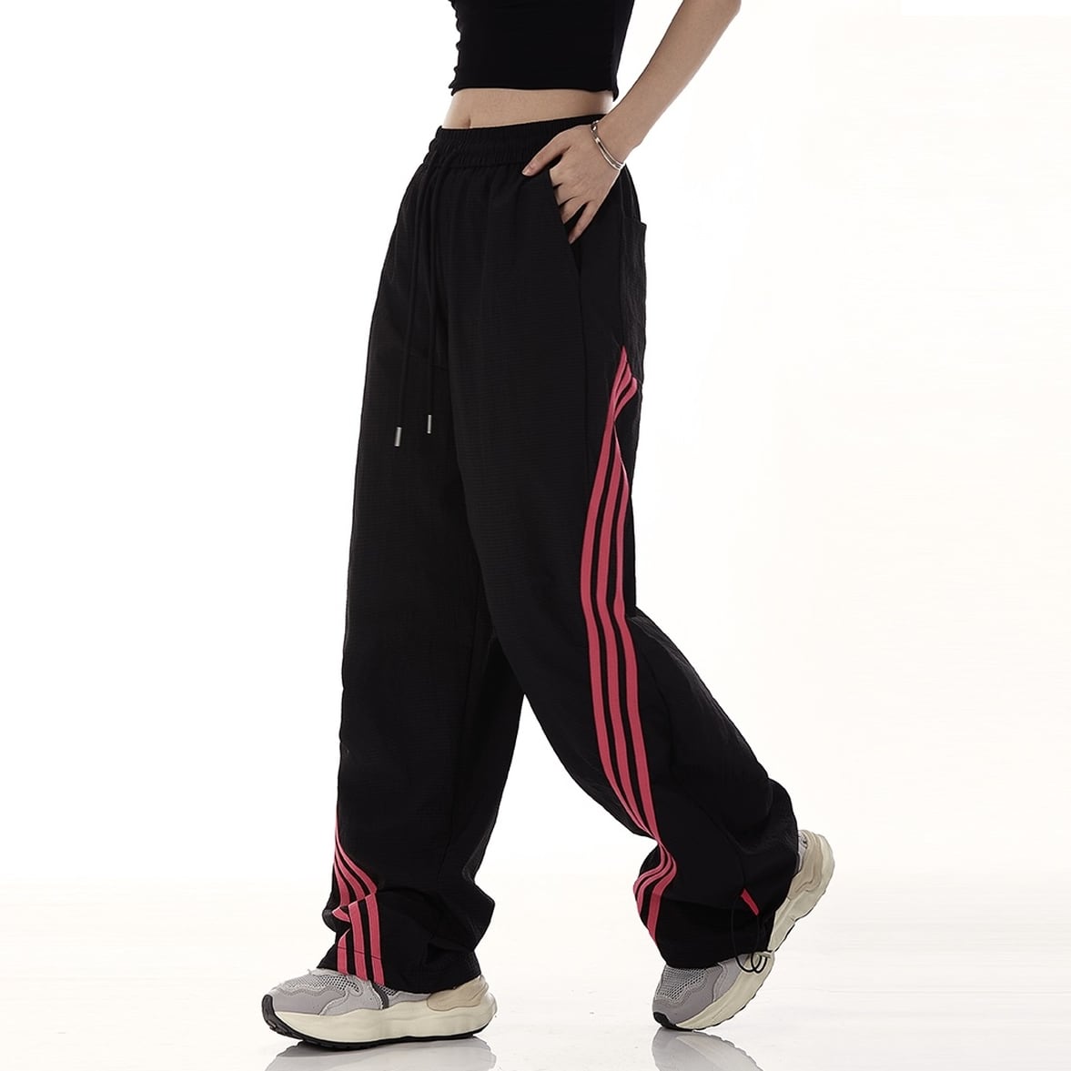 サイドラインワイドパンツ 斜めラインパンツ レディース パンツ