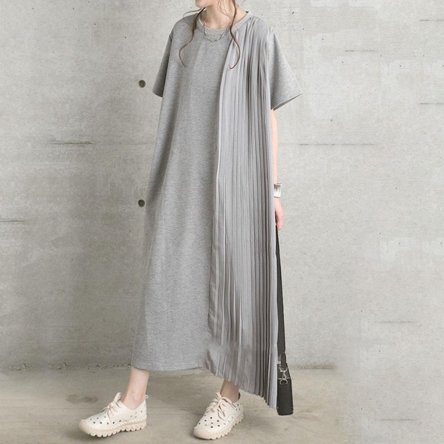 アシメプリーツワンピース ロング丈 バックスリット ラウンドネック 半袖 春夏秋 大人きれい 重ね着 代 30代 40代 50代 Op0617 Natuliria ナチュリリア