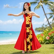 フラダンス 衣装 ALOHA STANDARDS アロハスタンダード ワンピース ドレス レッド系 ティアレ柄 ラウアエ柄 キャミソールドレス ハワイアンプリント ハワイアン アロハ フラ ダンス ハワイアンダンス 赤 黄 黒 イエロー系 ブラック系 華やか 鮮やか かわいい おしゃれ 大人っぽい