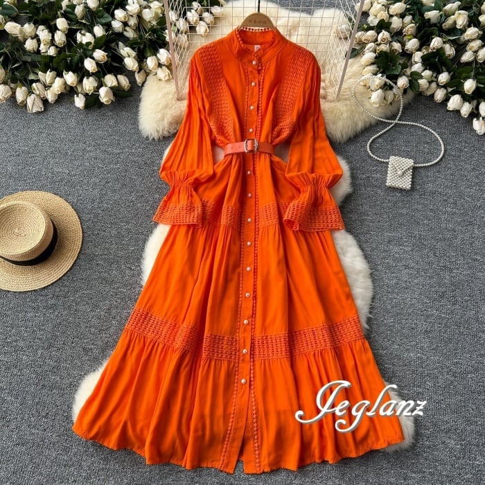 9色 ロング ワンピース ドレス 切替 レース パール エレ派(M7836)γα