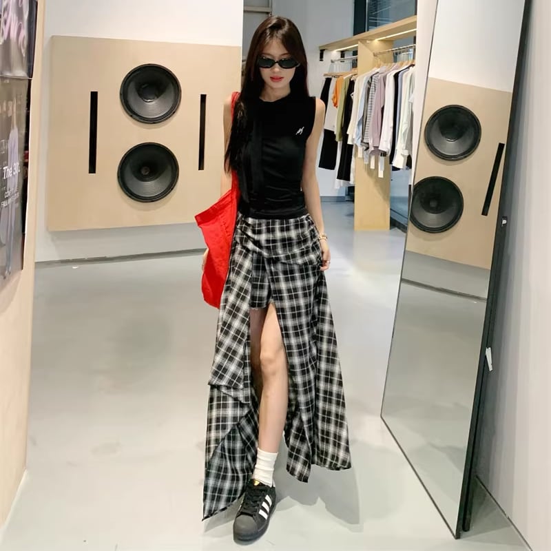 【bottoms】チェック柄イレヘムスカート Q8338
