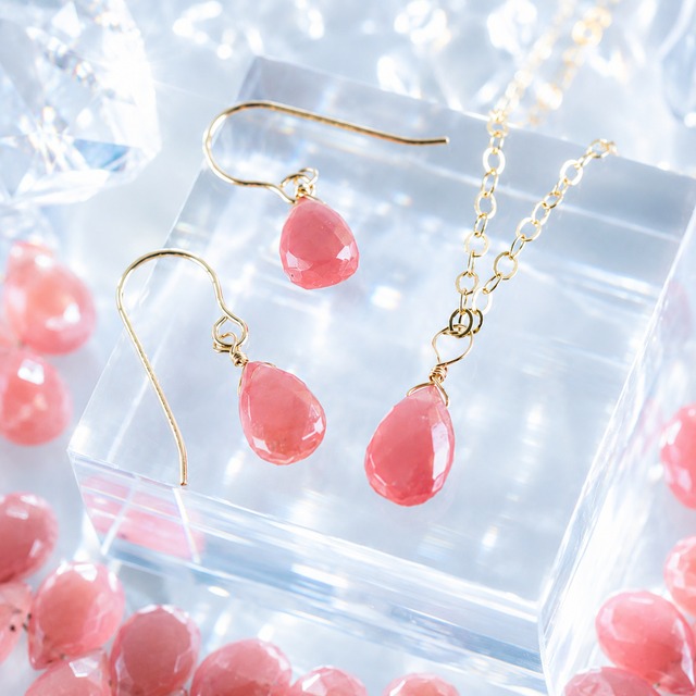 セット販売☆高品質インカローズ・ロードクロサイトファセットペアシェイプAAA★一粒ペンダントとピアス☆ギフトラッピング無料