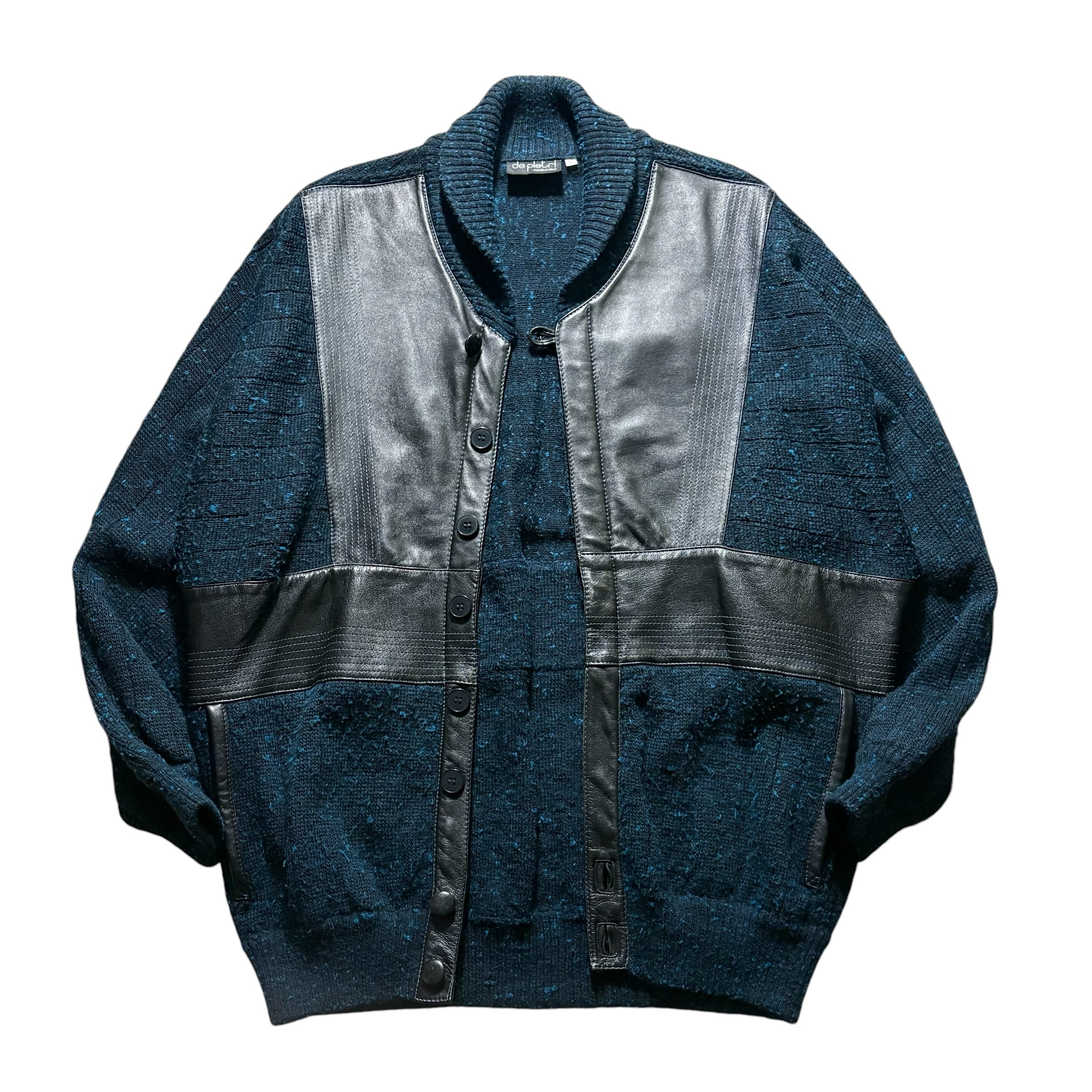 Made in Italy leather switching shawl collar knit jacket | NOIR ONLINE