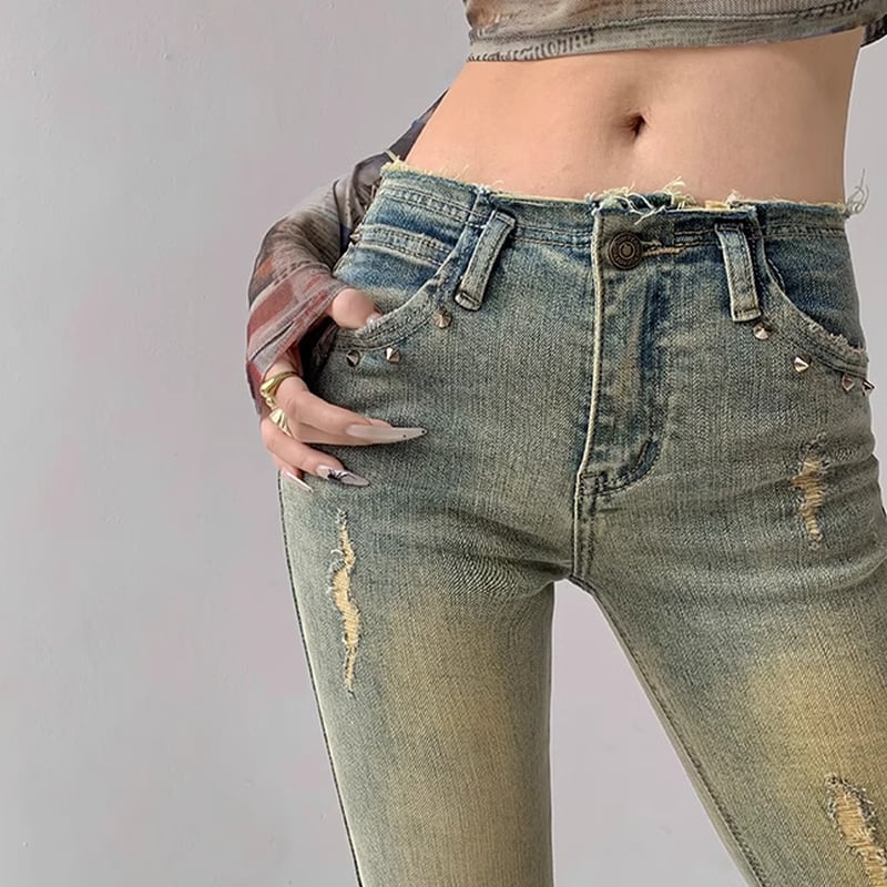 damaged front zipper fly bell bottom denim pants la1502