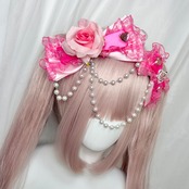 ♡【全5色】姫GAL ヒョウ柄 薔薇付き パールチェーンフリルリボンヘアクリップ black×pink ♡