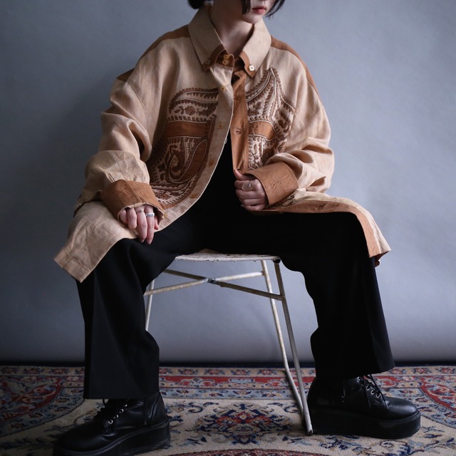 "刺繍" bi-color switching and embroidery design 2XL over size shirt jacket