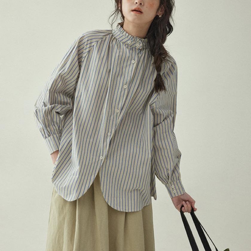 frilled stand collar striped long sleeve shirt m0237