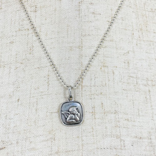 Old 925 Silver Angel Plate Pendant Necklace Made In Italy
