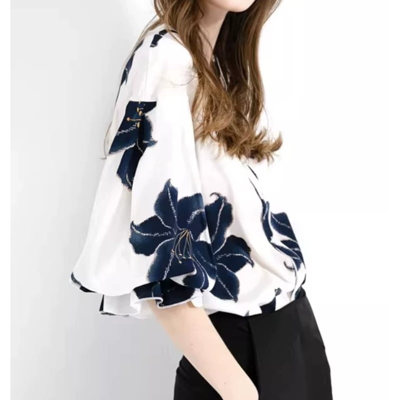 小花柄シャツ7分袖シフォンブラウス S0049