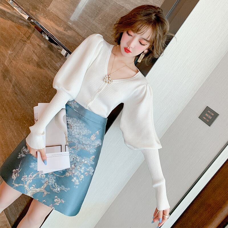 スリーブニットVネックカーディガンジャカードAラインスカート セット ランタンスリーブ レトロ MIUCO1784796113