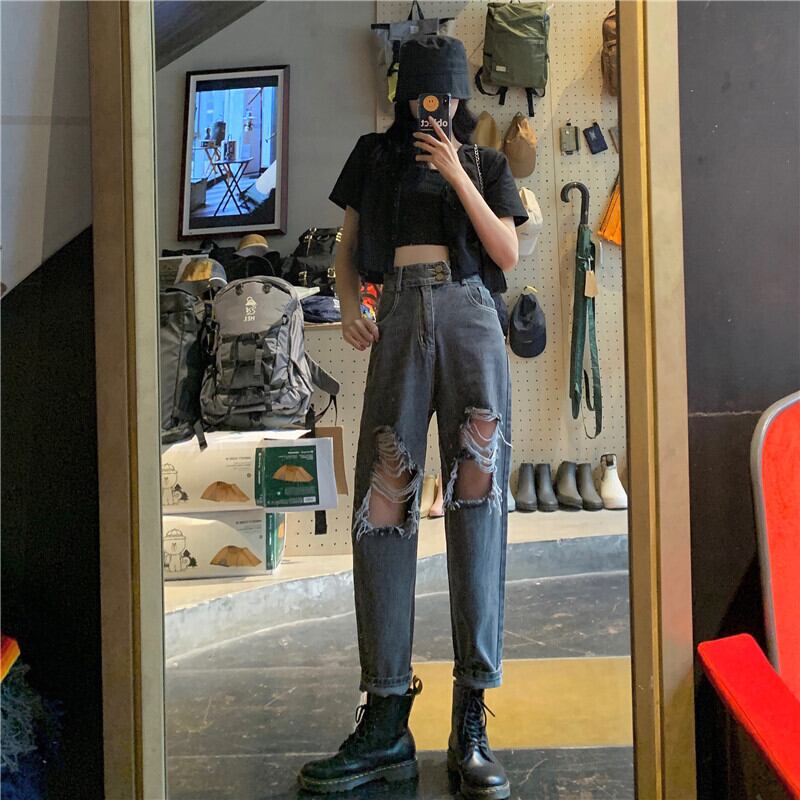 レトロな破れたジーンズレディース夏薄いワイドレッグハイウエストパンツ2020新しい緩いストレートレッグパンツ ブラックストロベリース31359274732