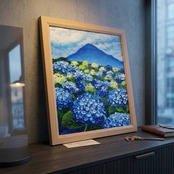 油絵 絵画【青の情景 〜富士と紫陽花の咲く丘〜】油彩画 風景画