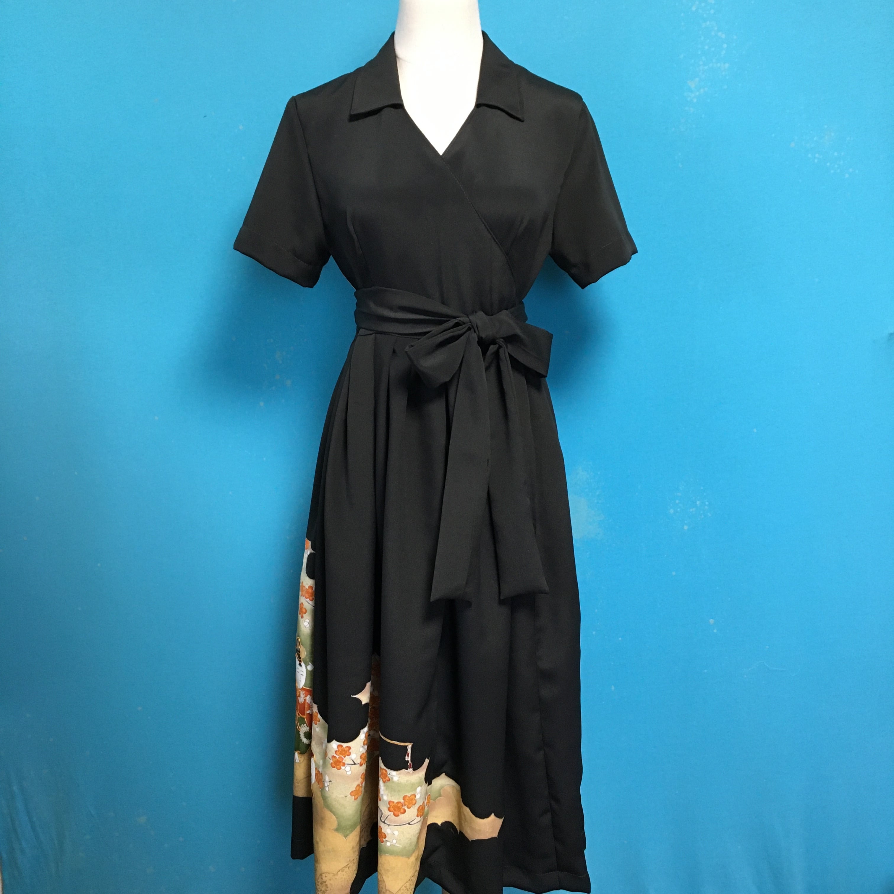 Vintage black kimono wrap dress/ US 8, kawaii