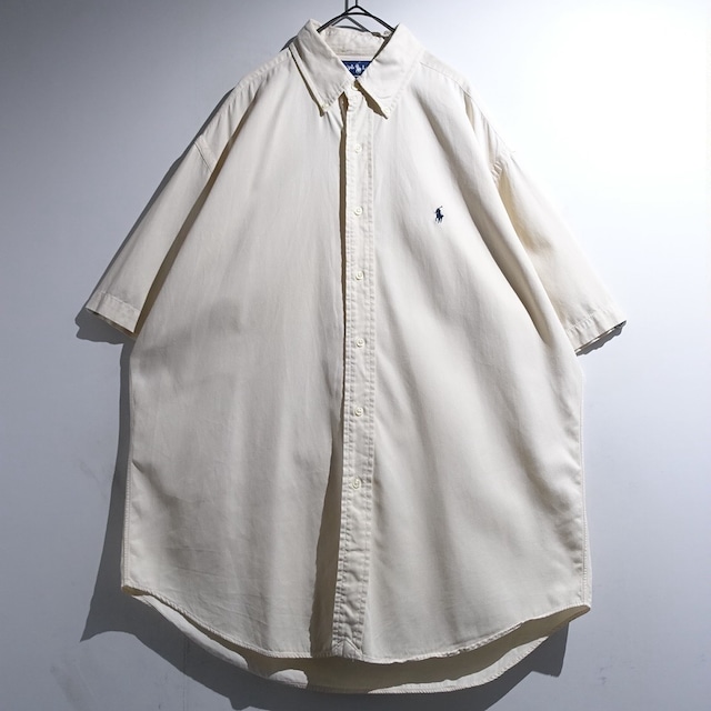 90s "Ralph Lauren" Ivory Logo Herringbone Silk & Cotton S/S Shirt