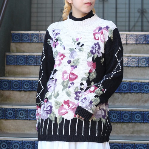 USA VINTAGE boaz FLOWER PATTERNED RAMIE COTTON DESIGN KNIT/アメリカ古着花柄ラミーコットンデザインニット