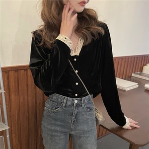 【韓国通販 dgo】retro v-neck blouse black color（A0504）