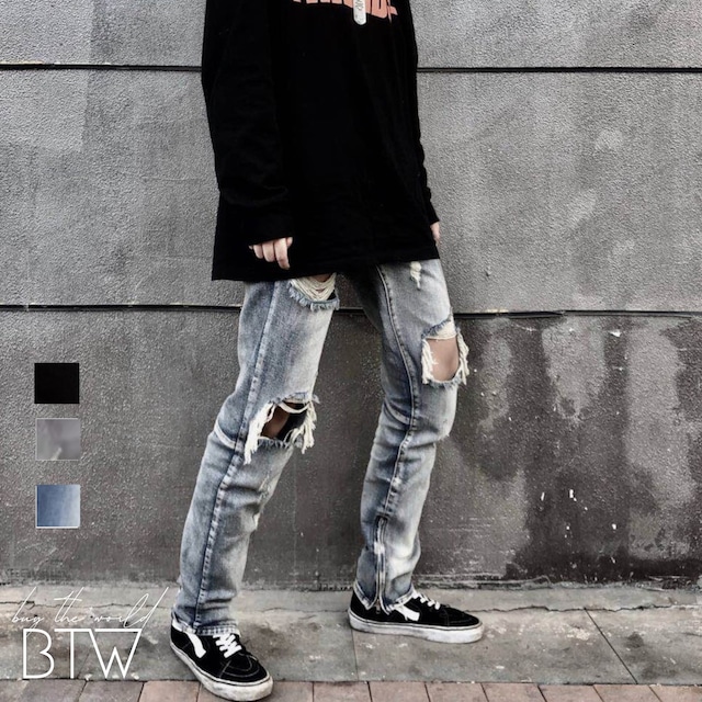 【韓国メンズファッション】スリムフィットダメージデニムパンツ ストレート ナチュラル  大人カジュアル BW2702