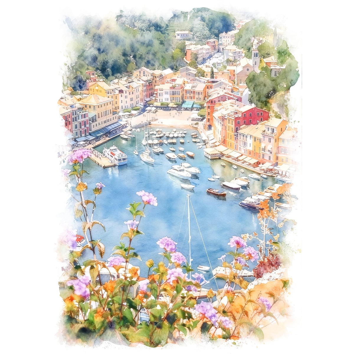 絵画 風景画 イタリア ポルトフィーノ インテリアアート額付き 水彩画風 WAT1650