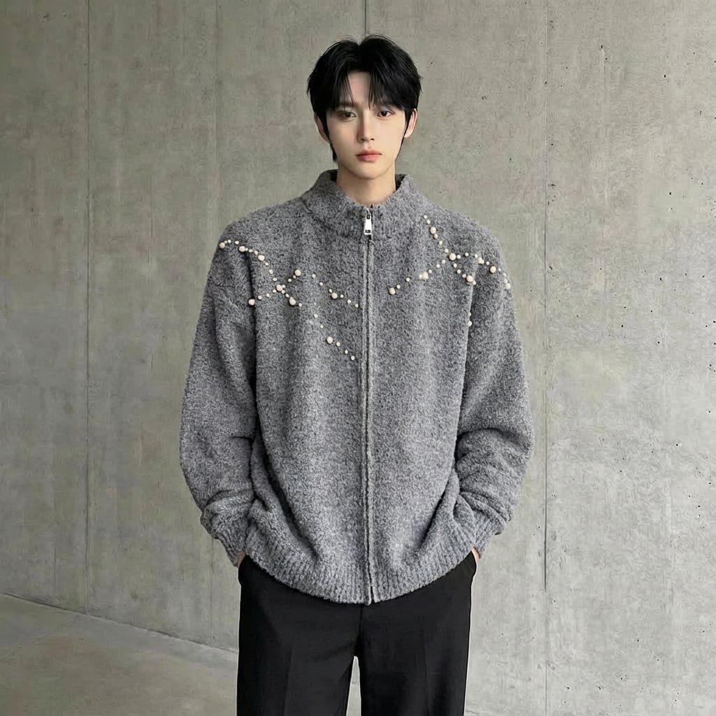パール装飾 スタンドカラーニットジップカーディガン D11976