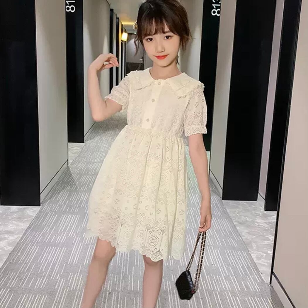 ワンピース キッズ 子供服 ジュニア フレア 半袖 フリルカラー パフスリーブ チュール レース ドレス 透け感 フラワー 花 キッズ 水着 女の子 ワンピース 通販 ワンピ フレアスカート フレア