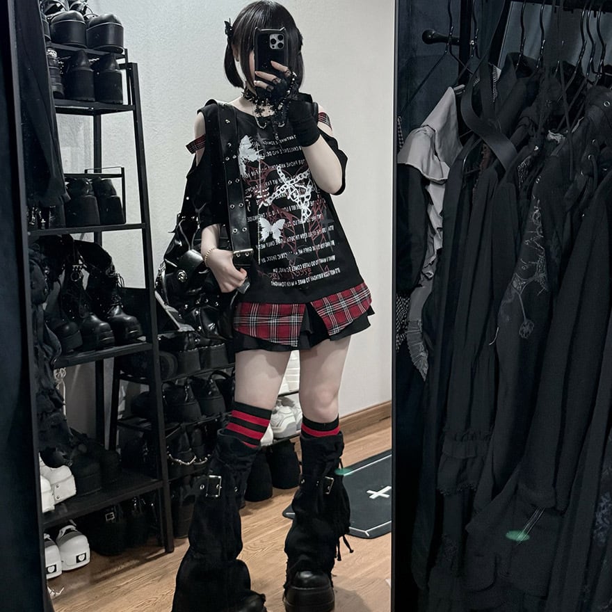 地雷女子 パンクファッション Tシャツ オープンショルダー プリント柄 ストリートファッション