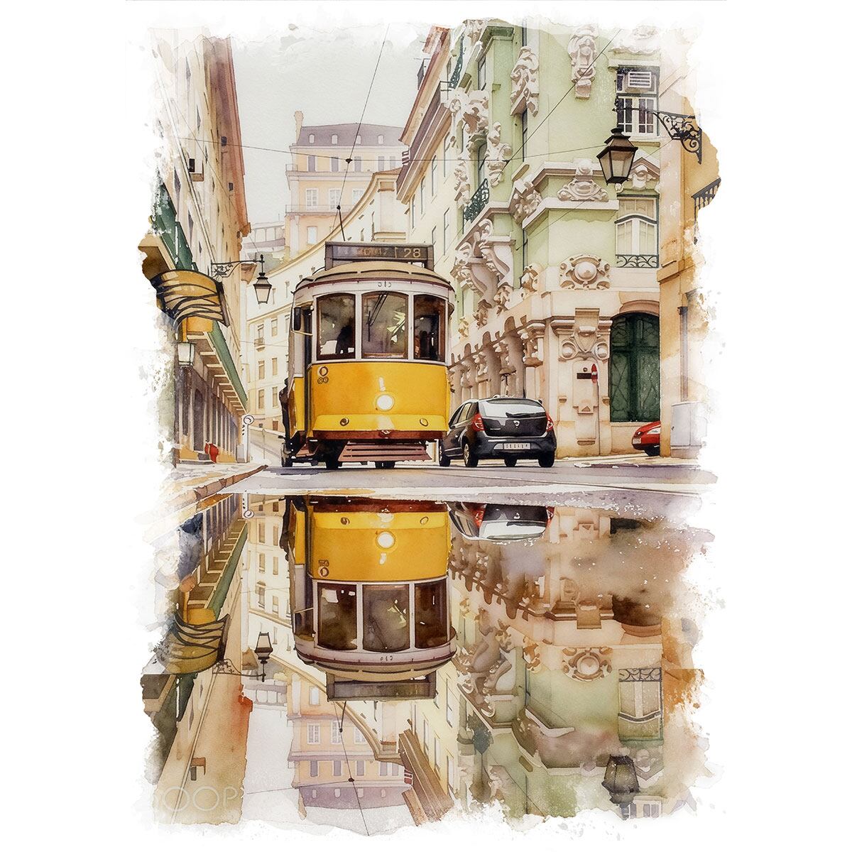 絵画 ポルトガル 風景画(街並み) リスボンを走る路面電車 インテリア