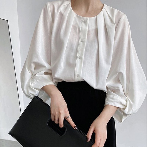 送料無料 レディースブラウス 韓国風 無地 ボリュームスリーブ ゆったり 体型カバー オフィス ラウンドネック ホワイト ブラック グリーン