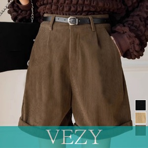 コーデュロイショートパンツ ハイウエスト 秋冬短パン ロールアップ ハーフパンツ 膝上丈ボトムス 着やせ オフィスカジュアル 美脚脚長 韓国風ショーパン体型カバー ボトムス VEZY ベジー ItemNo.【21893114】