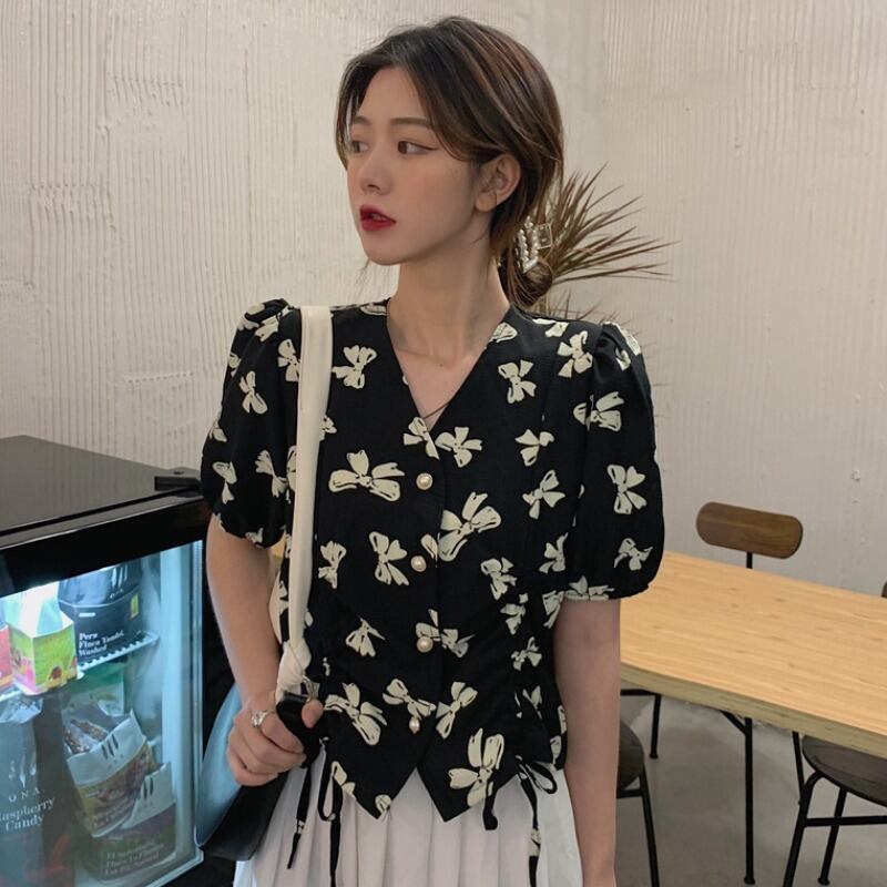 Vネックギャザースリーブシャツ トップス レディース リボン ハンチェンe44011420758