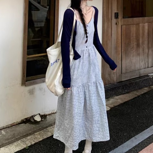 【2点セット】ショートカーデ＋ハーフボタンマキシチェックキャミワンピ ・75772