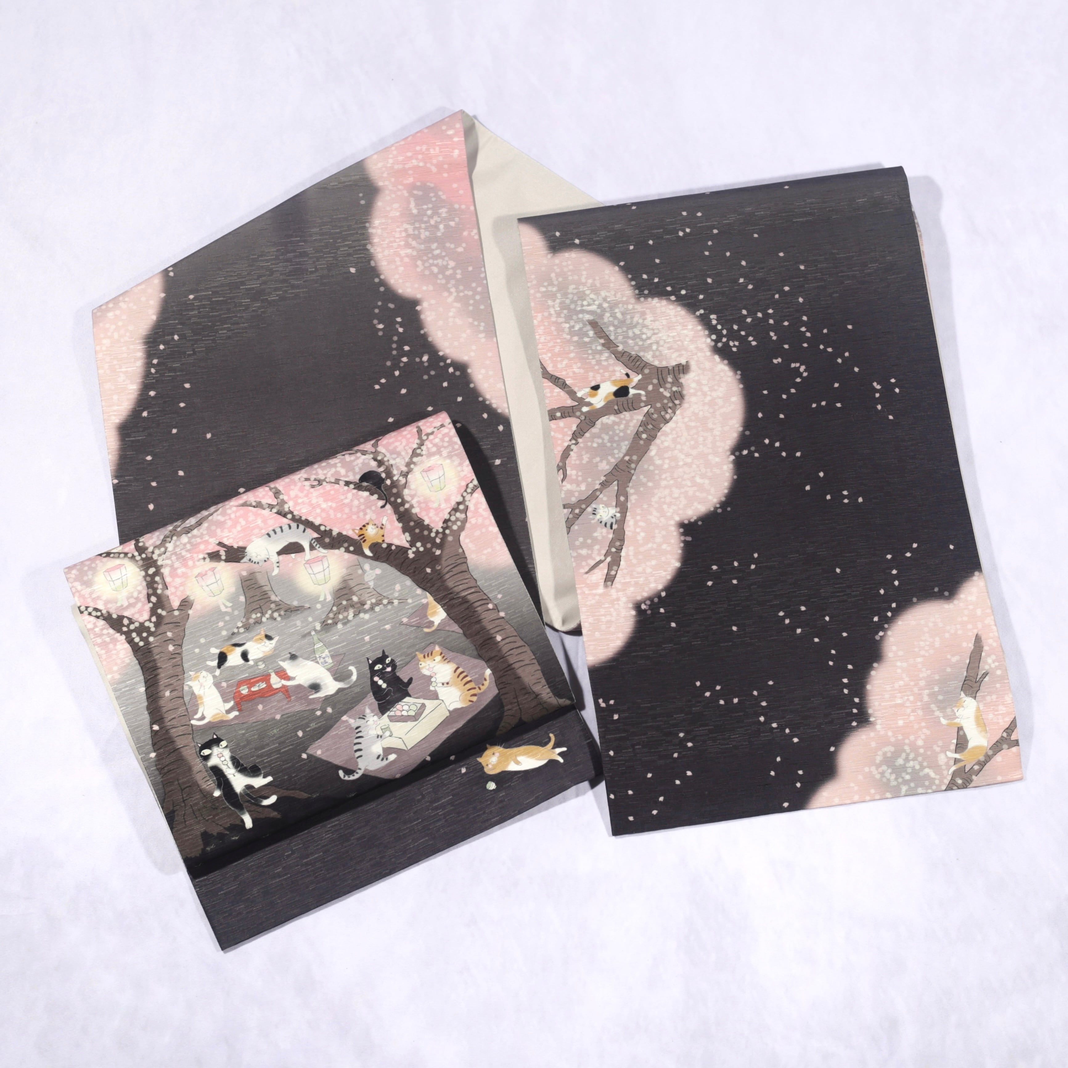 再入荷 .* 新品・未使用 WAKKA 正絹 京袋帯【お花見猫／夜桜】お仕立て