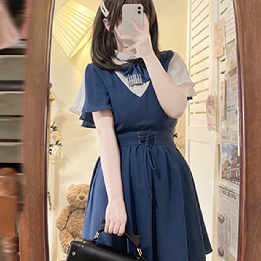 ロリータファッション セーラー風セットアップ ネイビー シフォン