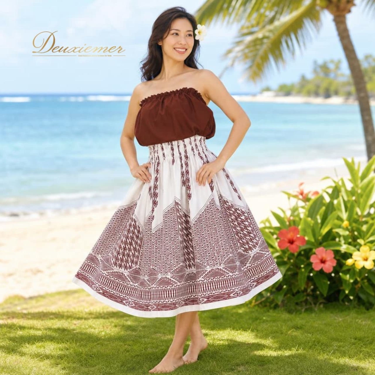 フラダンス 衣装 ALOHA FABRICS アロハファブリック ツーピース セットアップ 上下セット ブラウン系 無地 シンプル ハワイアンプリント ハワイアン アロハ フラ ダンス レッスン 練習 ハワイアンダンス 茶 白 赤茶 ホワイト系 レッド系 シングル スカート フレア 華やか かわいい おしゃれ 上品 大人っぽい