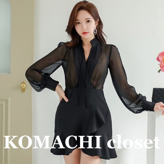 【送料無料】 シースルーシフォンミニドレス Vネック 黒 ブラック パーティードレス韓国 レディース オルチャン ミニ丈 長袖 ボリューム袖 ぽわん袖 スタンドカラー リボンタイ フレア Aライン 背中開き 胸元 フリル リボン ウエストマーク ハイウエスト 大人可愛い きれいめ 大人 おしゃれ かっこいい こなれ感 クール モード系 セクシー 抜け感 フェミニン アクティブ オトナ女子 大人女子 無地 春 夏 休日 イベント リゾート デート モテ トレンド 流行 インスタ映え S M L XL