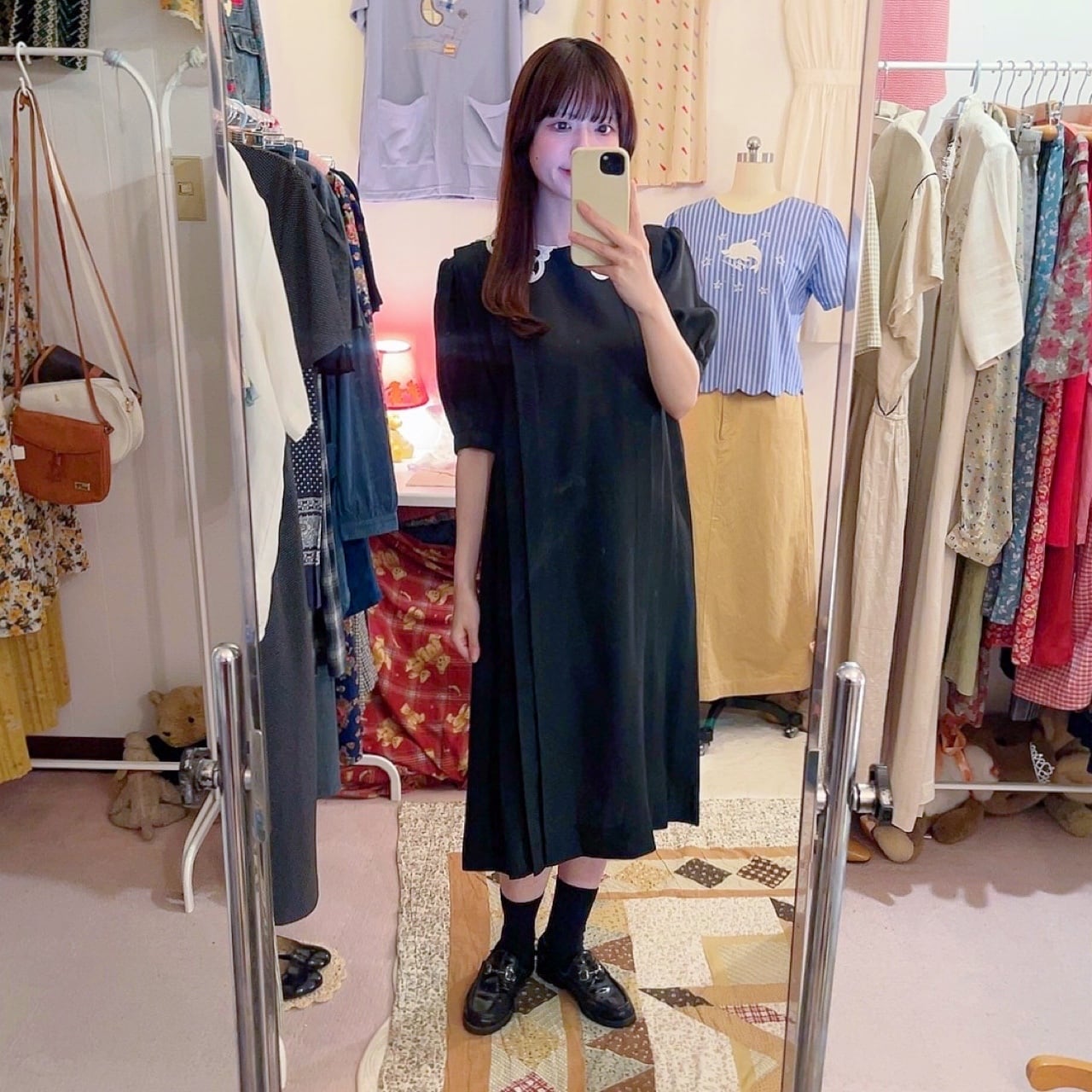 lace collar pleats black one-piece