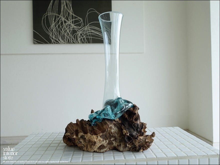 硝子フラワーベースSin03 花瓶 プリミティブガラスベース 手作り 一輪挿し 一点物 ハンドメイド 無垢材 自然な様