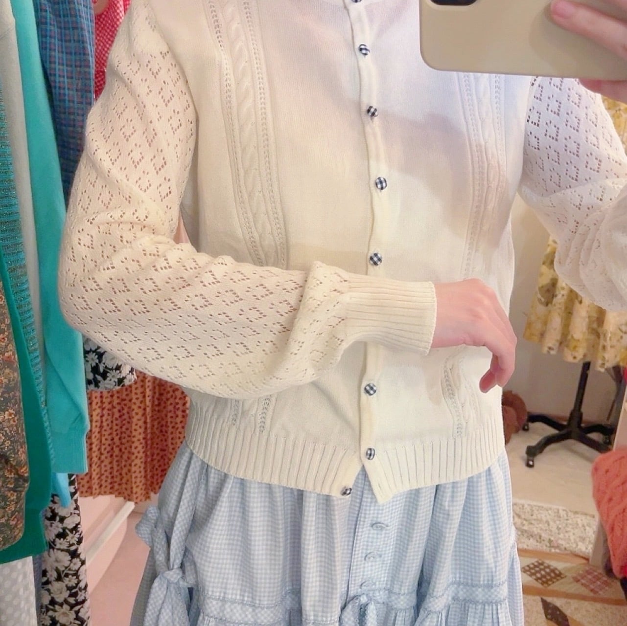 blue gingham check button cardigan