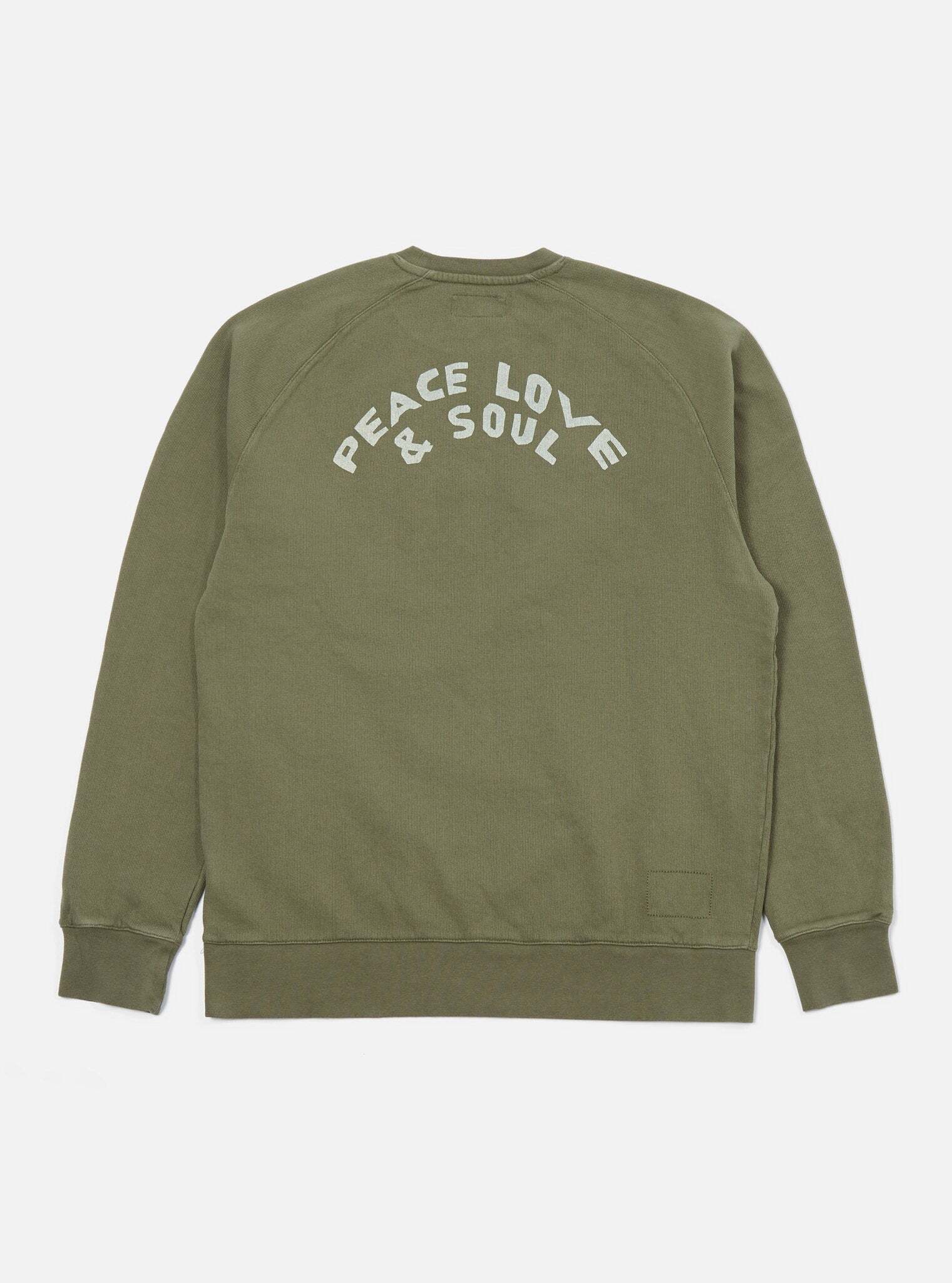 【Universal Works.】Classic Crew Sweatshirt / Green Dry Brushback 'Peace, Love & Soul' ユニバーサルワークス