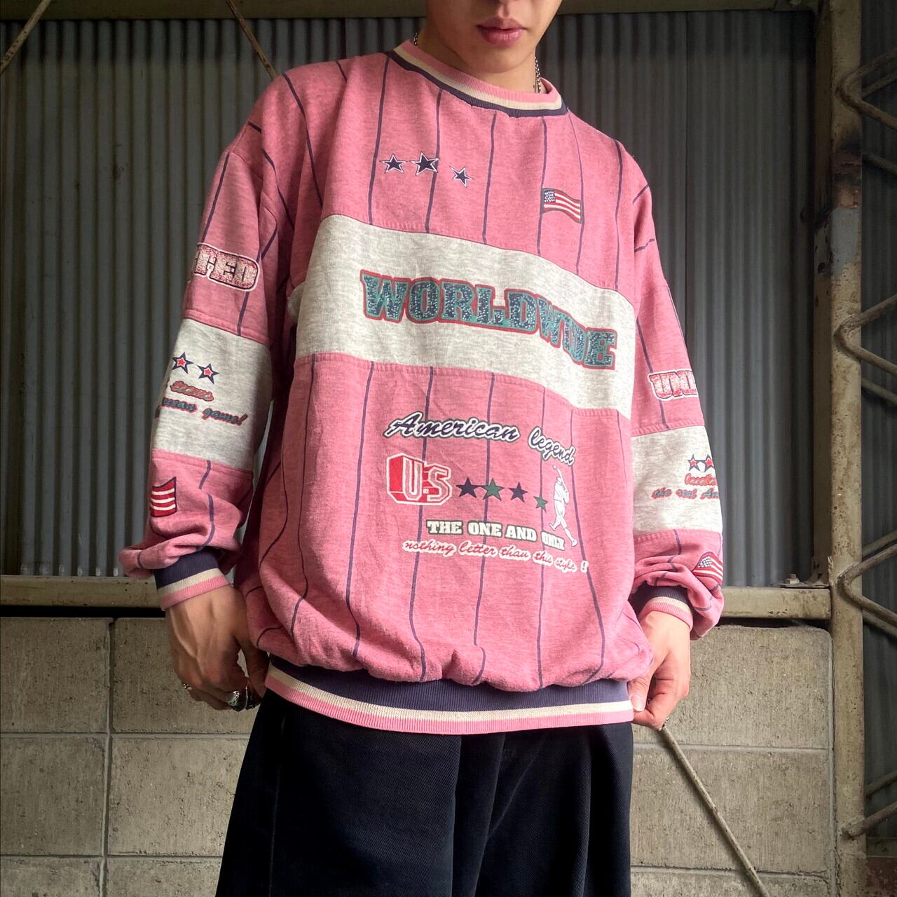 サーモンピンク 切り替えデザイン ストライプ柄 ベースボール プリント スウェットシャツ メンズxl 古着 スウェット Cave 古着屋 公式 古着通販サイト
